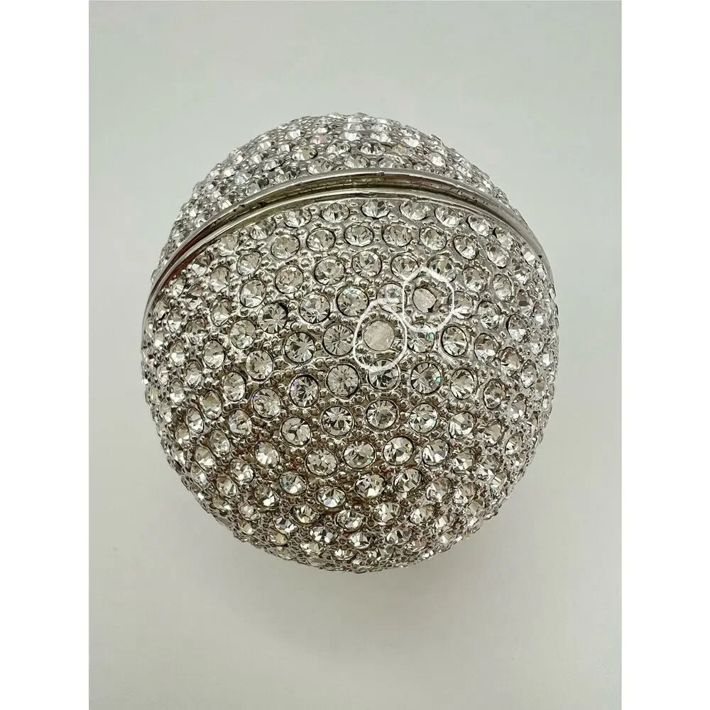 Rhinestone Jeweled Egg Shape Hinged Jewelry Trinket Box Ring Holder w Stand 3”